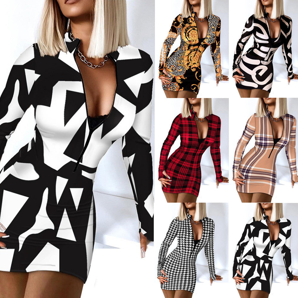 Autumn And Winter Women's Long-sleeved V-neck Zipper Bag Hip Tight Dress - MORCLEY