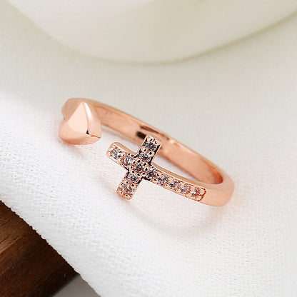 Cross Heart Ring With Rhinestones Open Adjustable Ring Ins Fashion Jewelry Accessories - MORCLEY