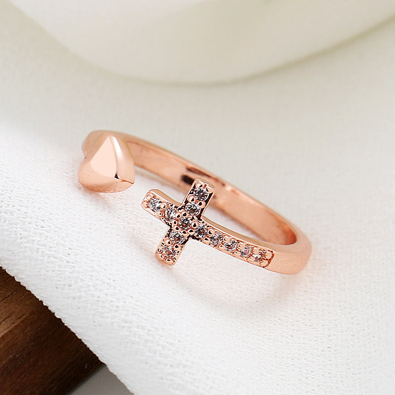 Cross Heart Ring With Rhinestones Open Adjustable Ring Ins Fashion Jewelry Accessories - MORCLEY