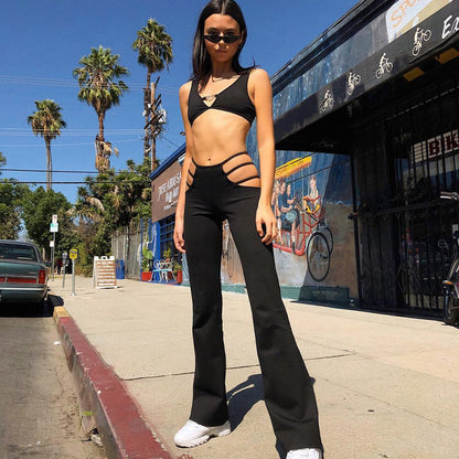 hot style sexy hollow low waist flared pants punk girl slim trousers hip lift slim elastic women's pants - MORCLEY