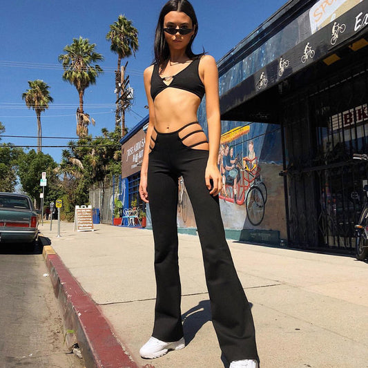 hot style sexy hollow low waist flared pants punk girl slim trousers hip lift slim elastic women's pants - MORCLEY