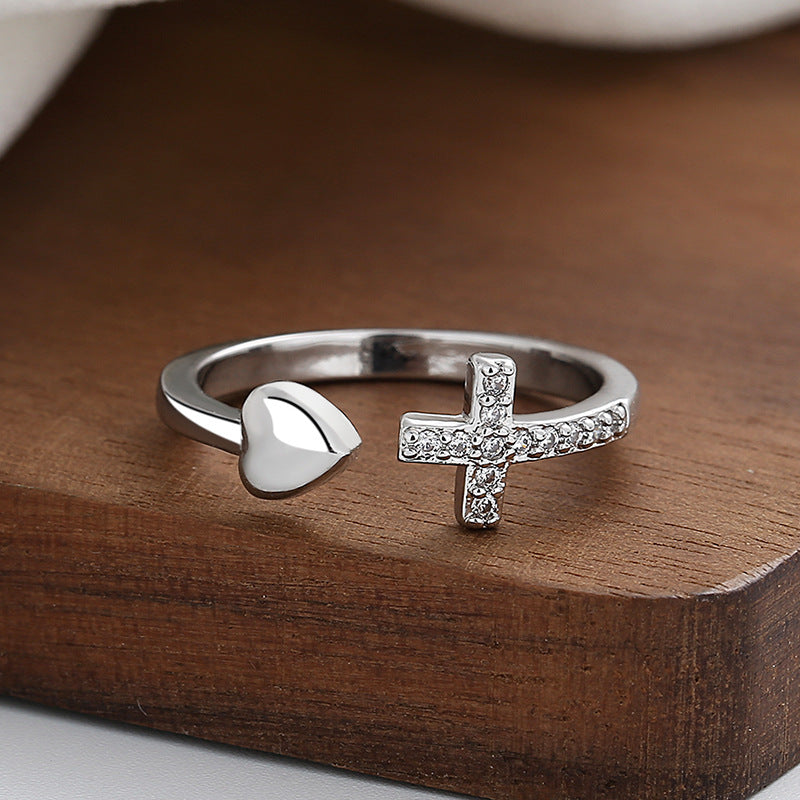 Cross Heart Ring With Rhinestones Open Adjustable Ring Ins Fashion Jewelry Accessories - MORCLEY