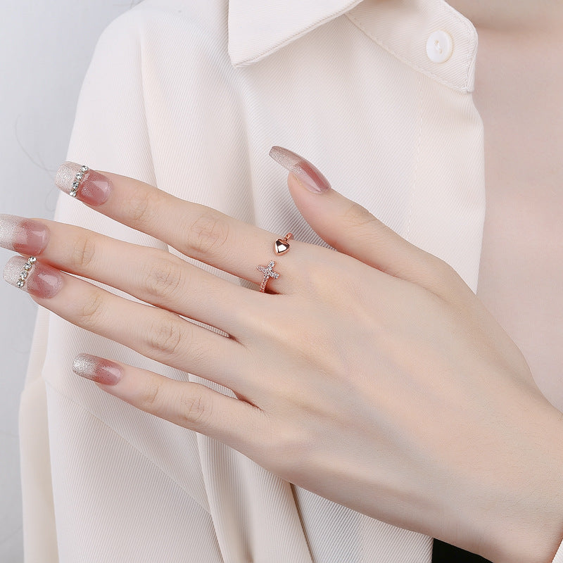 Cross Heart Ring With Rhinestones Open Adjustable Ring Ins Fashion Jewelry Accessories - MORCLEY