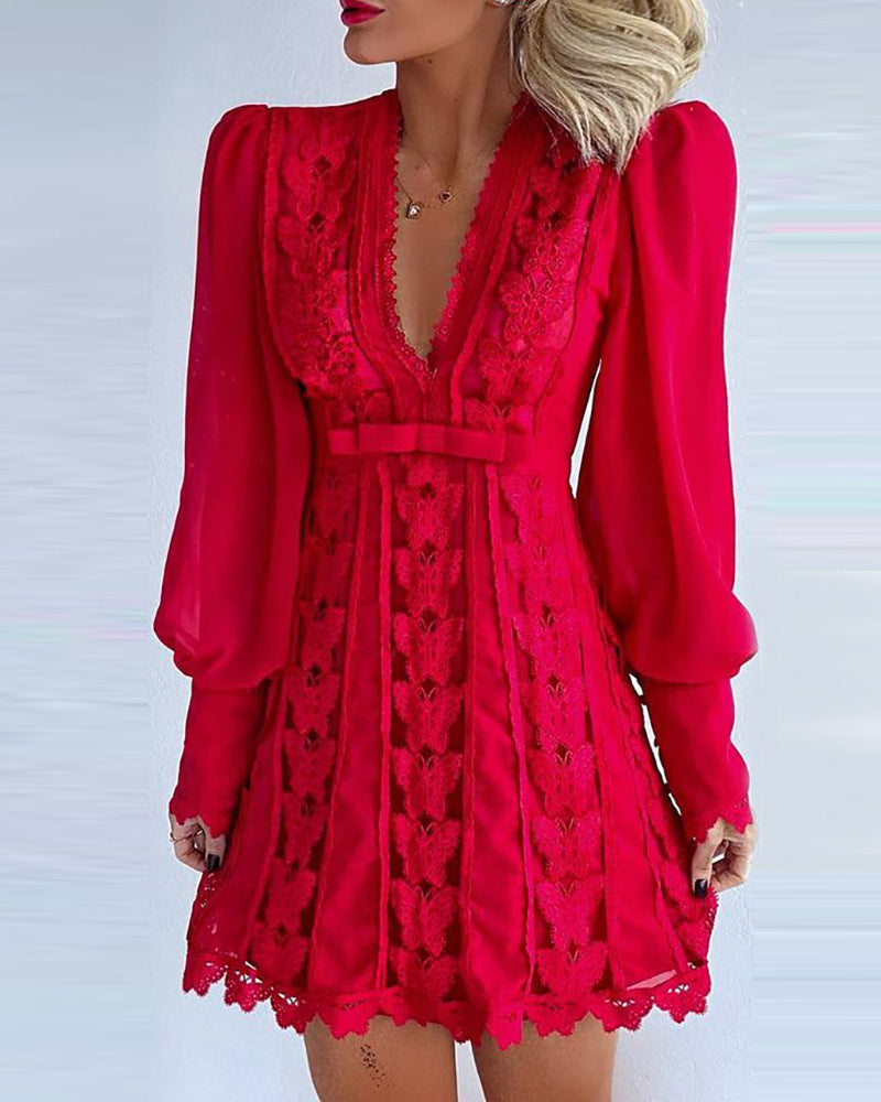 White Elegant Dresses Sexy V Neck Lace Dress Long Puff Sleeve Butterfly Dress For Women - MORCLEY