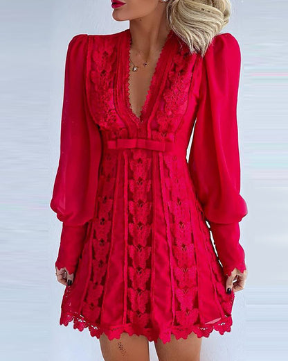 White Elegant Dresses Sexy V Neck Lace Dress Long Puff Sleeve Butterfly Dress For Women - MORCLEY