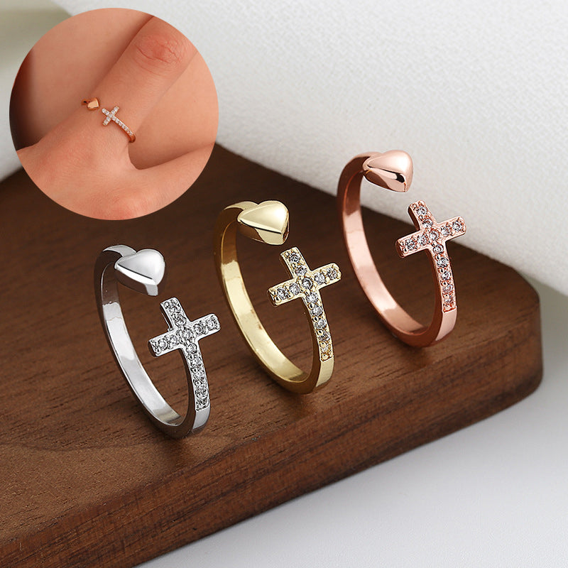 Cross Heart Ring With Rhinestones Open Adjustable Ring Ins Fashion Jewelry Accessories - MORCLEY