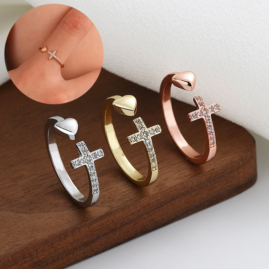 Cross Heart Ring With Rhinestones Open Adjustable Ring Ins Fashion Jewelry Accessories - MORCLEY