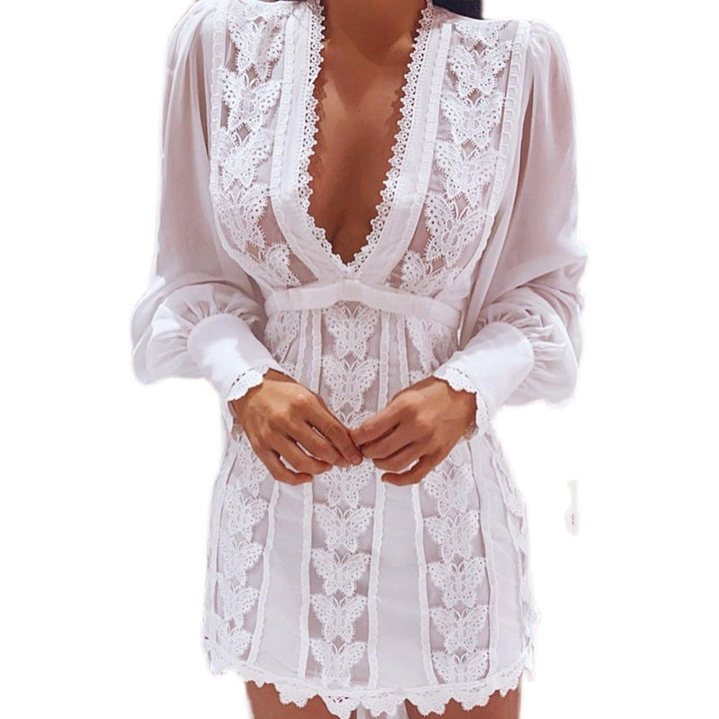 White Elegant Dresses Sexy V Neck Lace Dress Long Puff Sleeve Butterfly Dress For Women - MORCLEY