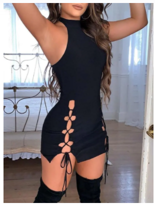 Trendy Solid Black Lace-Up Mini Club Dress - MORCLEY