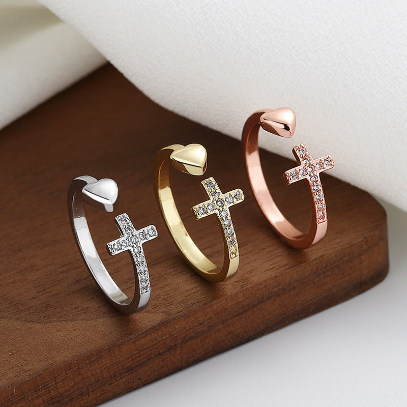 Cross Heart Ring With Rhinestones Open Adjustable Ring Ins Fashion Jewelry Accessories - MORCLEY