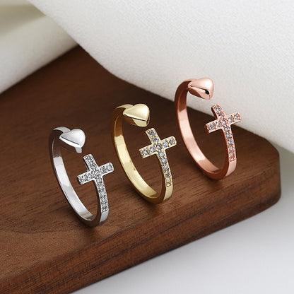 Cross Heart Ring With Rhinestones Open Adjustable Ring Ins Fashion Jewelry Accessories - MORCLEY
