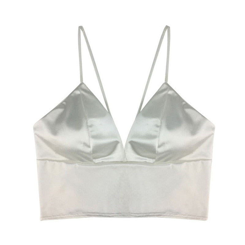 Sexy Satin Crop Tops Women Wireless Bralette Crochet Top Female Spaghetti Strap T-shirt Cropped With Chest Padded Camisole Camis - MORCLEY