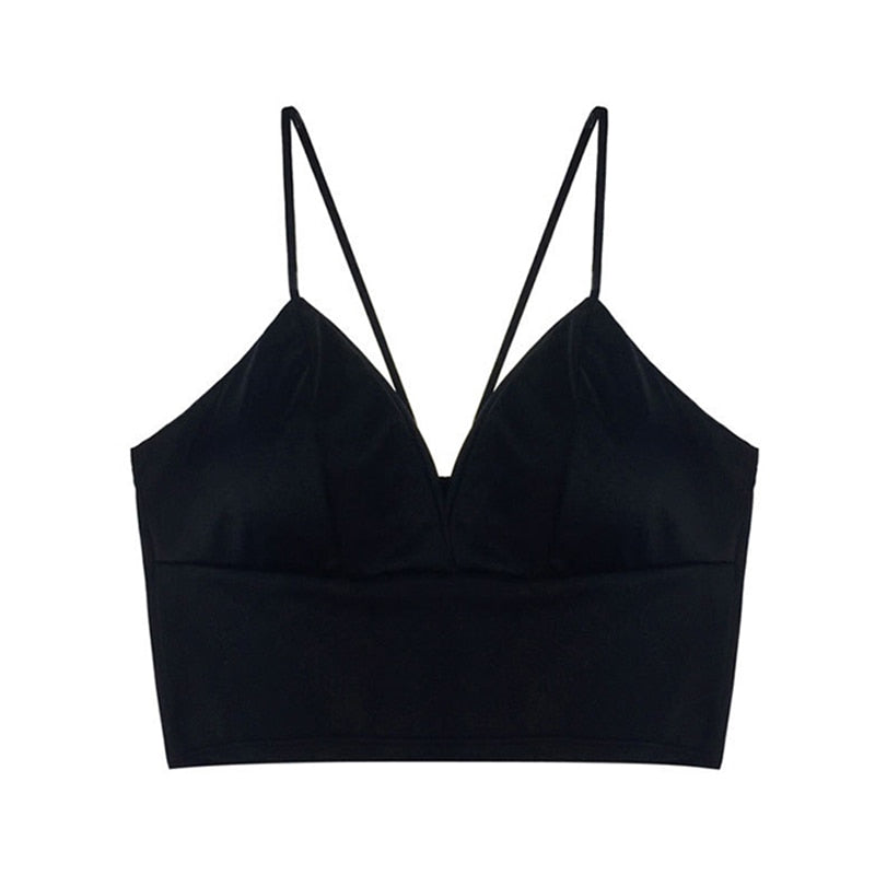 Sexy Satin Crop Tops Women Wireless Bralette Crochet Top Female Spaghetti Strap T-shirt Cropped With Chest Padded Camisole Camis - MORCLEY