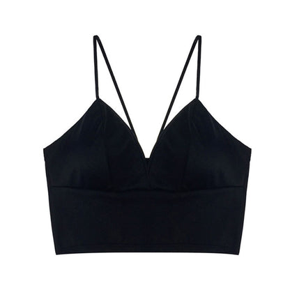 Sexy Satin Crop Tops Women Wireless Bralette Crochet Top Female Spaghetti Strap T-shirt Cropped With Chest Padded Camisole Camis - MORCLEY