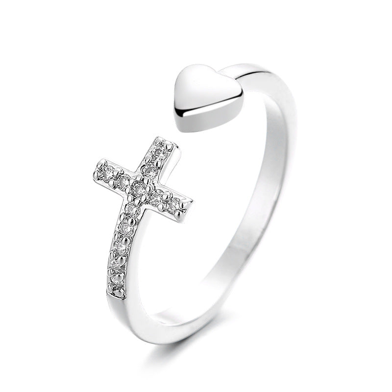 Cross Heart Ring With Rhinestones Open Adjustable Ring Ins Fashion Jewelry Accessories - MORCLEY