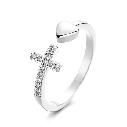 Cross Heart Ring With Rhinestones Open Adjustable Ring Ins Fashion Jewelry Accessories - MORCLEY
