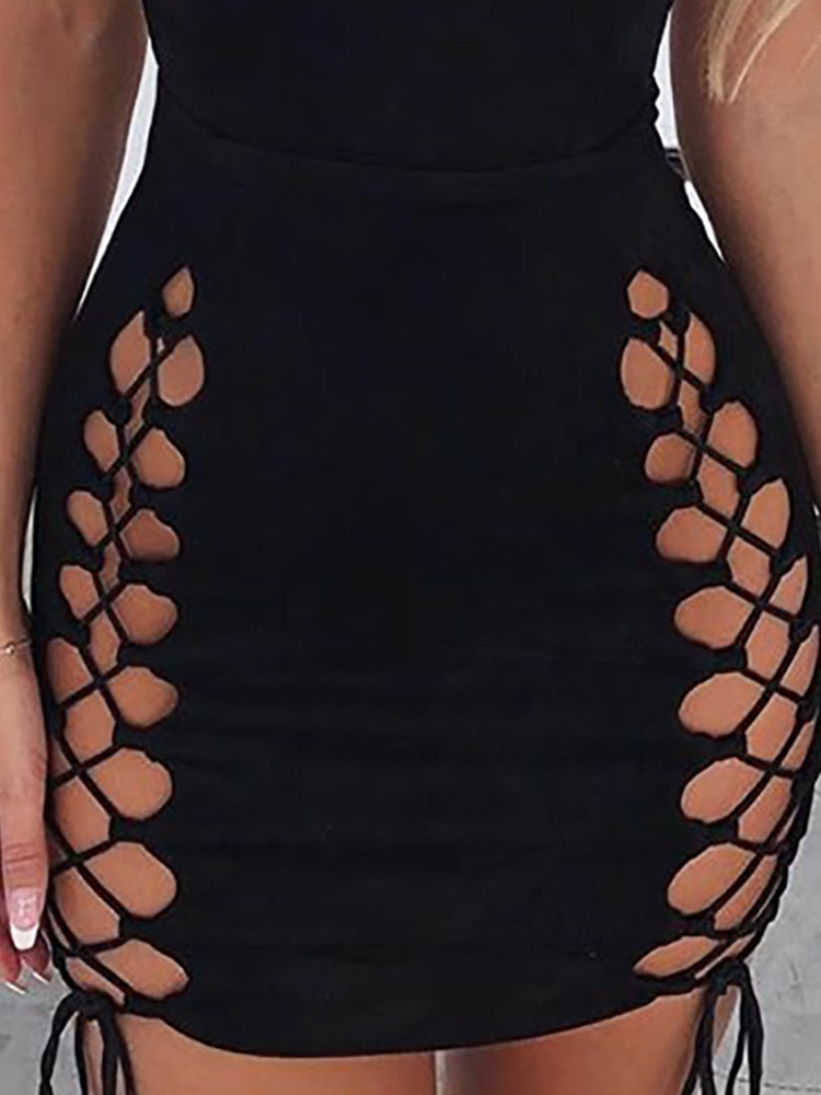 Trendy Solid Black Lace-Up Mini Club Dress - MORCLEY
