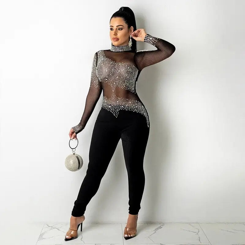 Elegant Bodycon Sheer See Through Mesh Jumpsuit - MORCLEY