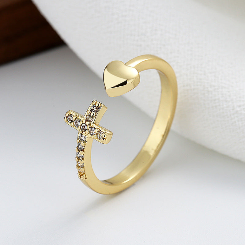 Cross Heart Ring With Rhinestones Open Adjustable Ring Ins Fashion Jewelry Accessories - MORCLEY
