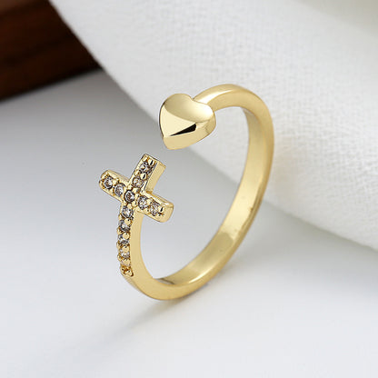 Cross Heart Ring With Rhinestones Open Adjustable Ring Ins Fashion Jewelry Accessories - MORCLEY